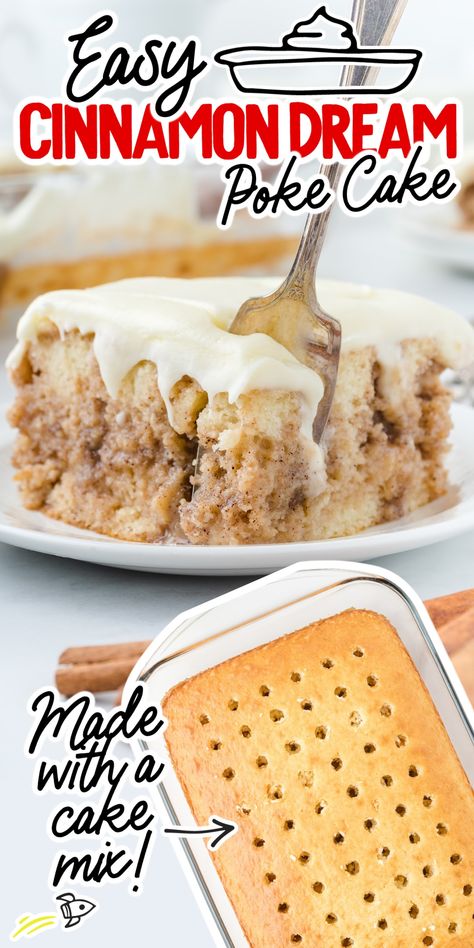 If you love cinnamon rolls but want something a little different, then this cinnamon roll poke cake will be perfect. This easy-to-make recipe uses a box of white cake mix to do the hard work and is ready in less than an hour, including making the delicious cream cheese frosting on top. Carry In Desserts Easy, White Cake Mix Cinnamon Roll Cake, Pioneer Woman Poke Cake Recipes, Tortilla Cake Recipe, Honey Bun Cake With Cream Cheese, White Cake Mix Breakfast Recipes, Yellow Cake Mix Sweetened Condensed Milk, Cake Mix Crust Recipe, White Cake Mix Recipes Boxed Almond