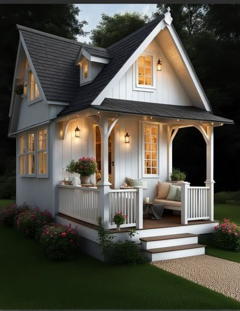 Cottage House Exteriors, Tiny Cottage Homes, Mini Houses Tiny Homes, Tiny House With Porch, Tiny Home Exteriors, Cute Little House, Cute Small Houses, Small House Blueprints, Tiny Farmhouse