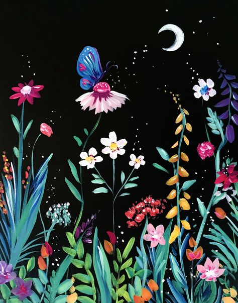 Midnight Butterfly, Painting Ideas On Canvas Simple, Black Canvas Paintings, Trippy Painting, Paint Nite, Cute Canvas Paintings, Canvas Painting Designs, Painting Ideas On Canvas, Butterfly Painting