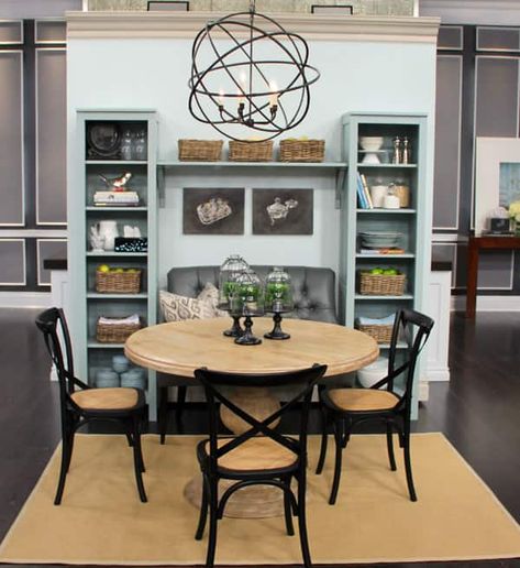 Breakfast Nook Couch, Small Kitchen Dining Room Combo, Ikea Bookcases, Tiny Dining Rooms, Kitchen Dining Room Combo, Breakfast Nooks, Freestanding Kitchen, Dining Room Combo, Kitchen Benches