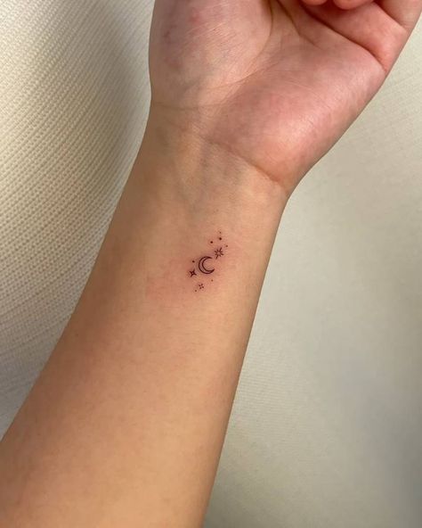 Moon Tattoo Wrist, Moon And Stars Tattoo, Sparkle Tattoo, Stars Tattoo, Tattoo Collection, Minimalist Line Art, Sparkling Stars, Subtle Tattoos, Snake Tattoo