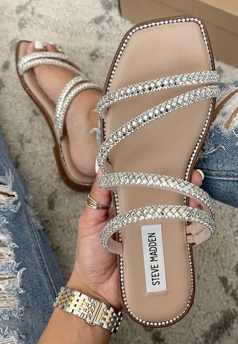 Sparkly Sandals, Bling Sandals, Pretty Sandals, Steve Madden Sandals, Sandals Outfit, Tory Burch Sandals, Silver Sandals, Girly Shoes, Aesthetic Shoes