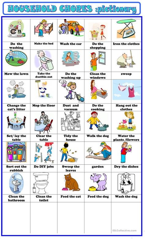 household chores pictionary - English ESL Worksheets Teaching English Grammar, Flashcards For Kids, Conversational English, Action Verbs, Chore Chart Kids, English Verbs, Good Vocabulary Words, English Lessons For Kids, English Sentences