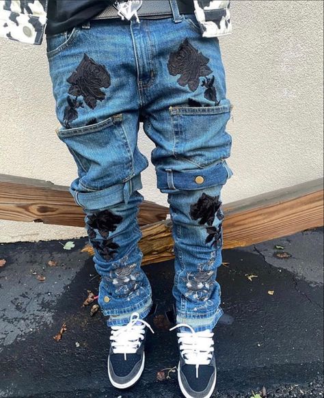 Custom Jeans Men, Blue Jeans Outfit Men, Custom Jeans Diy, Man Dress Design, Blue Jean Outfits, Pants Outfit Men, Fly Outfit, Black Men Fashion Swag, Denim Projects