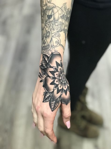 Tattoo By Glenn West @ Palace Art Tattoo- Thousand Oaks, CA Hand Mandela Tattoos, Cover Up Hand Tattoos For Women, Cover Up Hand Tattoos, Hand Coverup Tattoo, Top Of Hand Tattoos For Women, Hand Cover Up Tattoos, Geometric Hand Tattoo, Hand Tattoo Cover Up Ideas, Top Of Hand Tattoos