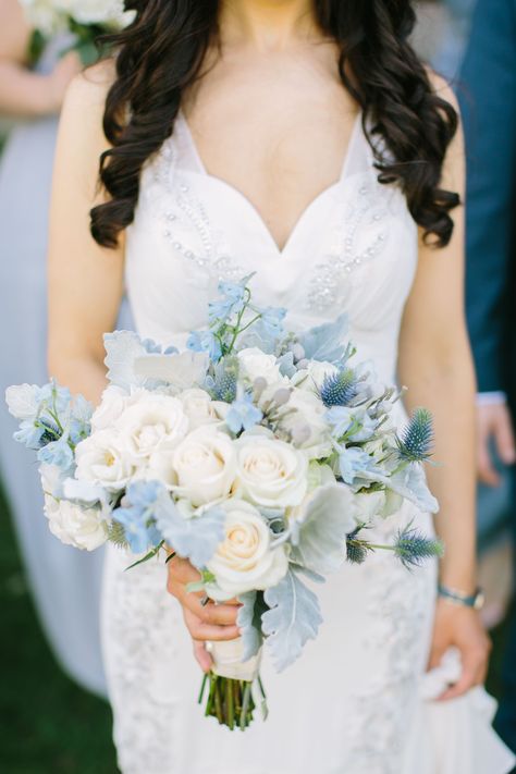 Pale Blue Delphinium, Thistle and Dusty Miller Bouquet Delphinium Wedding Bouquet, Blue Delphinium Wedding, White Dress With Blue Flowers, Baby Blue Weddings, Popular Wedding Colors, Wedding Color Trends, Blue Wedding Bouquet, Light Blue Wedding, Blue Themed Wedding