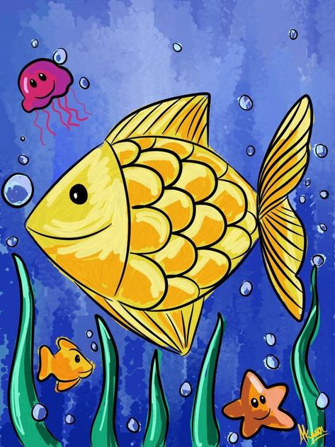 Easy Fish Painting, Nature Drawing For Kids, Pots Painting, Preschool Painting, Scenery Drawing For Kids, Drawing Fish, Art Kits For Kids, Whimsical Art Paintings, Easy Art For Kids