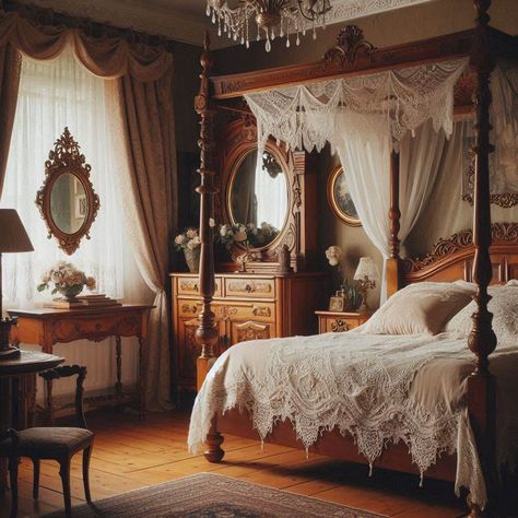 Antique Bedroom French Vintage Interior Design, Small Victorian Bedroom, Victorian Homes Interior Bedroom, Antique Bedroom Decor, Antique Bedroom Ideas, Victorian Bedroom Decor, Antique Decor Bedroom, Victorian Rooms, Canopy Beds