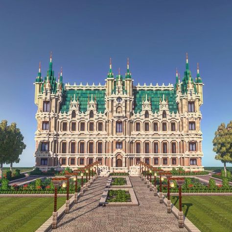 Imaginefinishing on Instagram: “A french château. This took such a long time to build, so please show some love <3 The leaves in the ponds is inspired by @tiitmarvel.mc…” Minecraft Castle Walls, Minecraft Palace, Minecraft Brick, Minecraft Castle Designs, Minecraft Steampunk, Rumah Minecraft Sederhana, Minecraft Mansion, Minecraft Structures, Minecraft House Plans