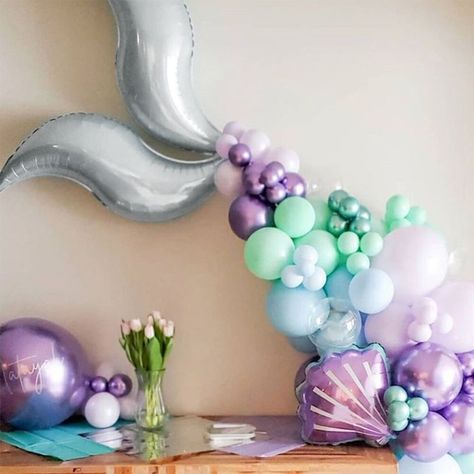 This beautiful mermaid tail balloon garland in Silver, shades of purple, greens and blues Mermaid Balloon Garland, Bumble Bee Costume, Mermaid Balloons, Mermaid Birthday Party Decorations, Pretty Mermaids, Sea Mermaid, Twins 1st Birthdays, Mermaid Theme Party, Balloon Ideas