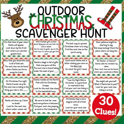 Christmas Family Scavenger Hunt, Christmas Outdoor Scavenger Hunt, Christmas Scavenger Hunt Clues For Teens, Holiday Scavenger Hunt For Adults, Gift Scavenger Hunt Ideas, Scavenger Hunt For Christmas Presents, Scavenger Hunt Clues For Adults Indoor, Christmas Scavenger Hunt Ideas For Teens, Treasure Hunt Clues For Kids Outdoor