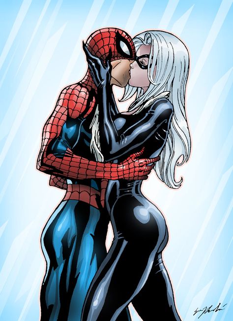 Spiderman and black cat kissing Spider Man And Black Cat, Cat Kiss, Spiderman Black Cat, Catwoman Cosplay, Black Cat Marvel, Scott Campbell, Cat Woman, Marvel Spiderman Art, Spiderman Comic