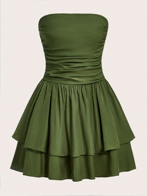 Army Green Casual Collar Sleeveless Woven Fabric Plain A Line Embellished Non-Stretch  Women Clothing Green Birthday Outfit, Green Dress Mini, Green Ruffle Dress, Short Green Dress, Olive Green Dresses, Green Mini Dress, Grad Dresses, Women Midi, Women Dresses