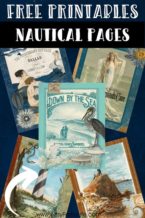 Free Printable Nautical Collage Pages Decoupage Printables Free, Free Nautical Printables, Nautical Printables, Nautical Journal, Nautical Scrapbook, Beach Junk Journal, Junk Journal Covers, Journaling Ephemera, Ocean Themed Junk Journals