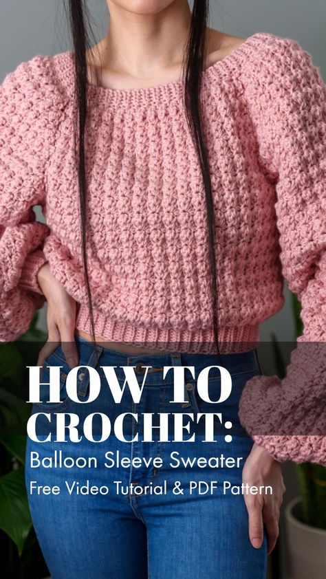 Click here for a free crochet tutorial to make this balloon sleeve sweater! 💖 Be sure to follow on YouTube, Instagram and check out my Etsy @TCDDIY Crochet Balloon Sleeve, Crochet Sweater Pattern Free Women, Crochet Balloon, Crochet Baby Sweater Pattern, Balloon Sleeve Sweater, Baby Sweater Patterns, Crochet Jumper, Crochet Sweater Pattern Free, Crochet Ladies Tops