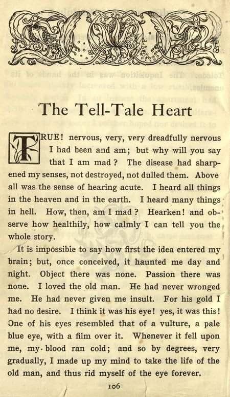 Edgar Allen Poe Poster, Edgar Allan Poe Tell Tale Heart, Tell Tale Heart Aesthetic, Story Book Quotes, Edgar Allan Poe Aesthetic, Nikki Core, Poetry Pages, Literature Poster, Tell Tale Heart