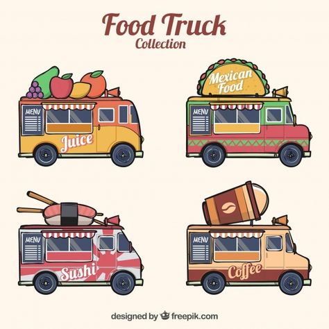 Hand drawn pack of modern food trucks Fr... | Free Vector #Freepik #freevector #food #vintage #coffee #hand Mexican Food Truck Design, Bloxburg Food Truck, Cute Food Trucks, Food Truck Cartoon, Food Truck Aesthetic, Transformers Vehicles, Food Truck Party, Mexican Food Menu, Foodtrucks Ideas