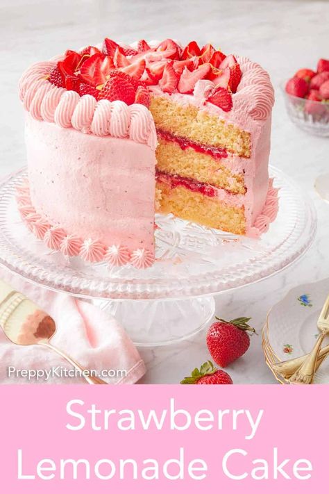 Soft, tender, and fluffy, this Strawberry Lemonade Cake recipe is bursting with bright flavors from the lemon juice, lemon zest, and fresh strawberries. A delicious strawberry buttercream with hints of lemon frosted between each layer of cake paired with a strawberry reduction, you won’t be able to get enough of it after your first bite! It is so beautiful and refreshing, it makes for the perfect spring or summer cake. Strawberry Lemonade Cake Recipe, Lemonade Cake Recipe, Strawberry Lemon Cake, Strawberry Lemonade Cake, Lemonade Cake, Lemon Layer Cakes, Cold Cake, Summer Cake, Lemon Frosting