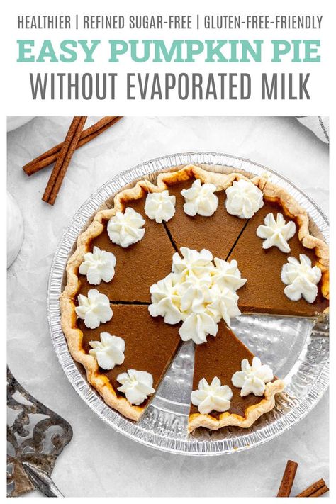 One bite of this easy pumpkin pie recipe without evaporated milk, and you’ll never go back! The creamy and fluffy pumpkin pie filling is made from scratch with almond milk, maple syrup, and pumpkin pie spice for a healthy, lower sugar dessert. Simple to make and the perfect option for holidays! {Dairy-free & Gluten-free-friendly} Pumpkin Pie Recipe Without Evaporated, Pumpkin Pie Recipe Without Evaporated Milk, Pumpkin Pie Without Evaporated Milk, Easy Pumpkin Pie Recipe, Frozen Pumpkin Pie, Pumpkin Pie Crust, Healthy Pumpkin Pie Recipe, Healthy Pumpkin Pie, Pumpkin Pie Recipe Easy