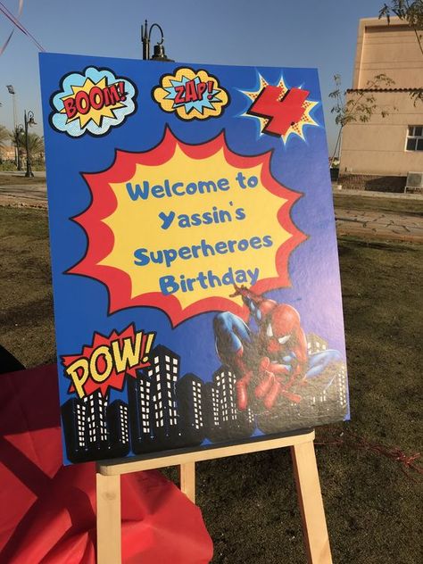 Welcome board with Avengers logos and vibrant colors. Birthday Party Welcome Board, Hulk Birthday Party Decorations, Avengers Birthday Party Ideas, Spiderman Sign, Party Welcome Board, Avengers Party Decorations, Spidey Party, Hulk Theme, Avengers Birthday Party Decorations