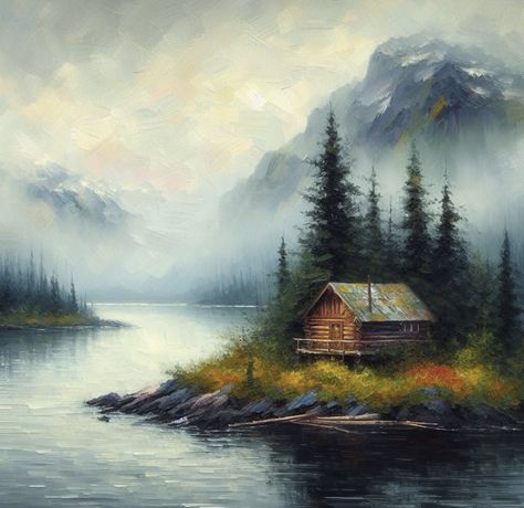 Country Painting Ideas, Mountain Cabin Painting, Mountain Painting Bob Ross, House In Mountains Painting, Cabin In The Woods Painting, Cabin In The Woods Painting Easy, Forest Cabin Painting, Cabin In Woods Painting, Cabin By The Lake Painting