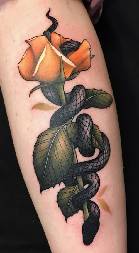 Rose And Snake Tattoo, Neo Traditional Roses, Traditional Snake Tattoo, Neo Tattoo, Neotraditional Tattoo, Black Rose Tattoos, Tatuaje A Color, Rose Tattoo Design, Classic Tattoo