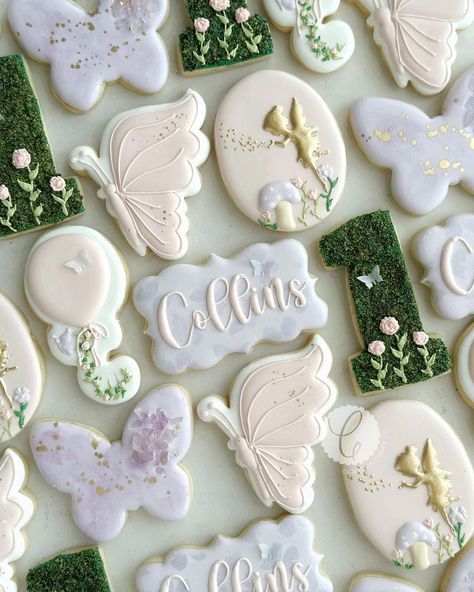 Fairytale 1st Birthday Theme, Fairy First Birthday Party Cookies, Fairy Sugar Cookies Decorated, Fairy First Cupcakes, Fairy Fifth Birthday Party, Fairy Themed First Birthday, First Birthday Girl Fairy Theme, Fairy Theme Cookies, Fairy First Birthday Cupcakes