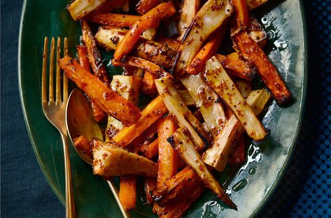 Honey-glazed Roast Carrots & Parsnips With Wholegrain Mustard Recipe | Waitrose & Partners Glazed Carrots And Parsnips, Parsnips Recipe, Carrots And Parsnips, Christmas Vegetables, Roasted Parsnips, Mustard Recipe, Festive Food, Roasted Root Vegetables, Glazed Carrots