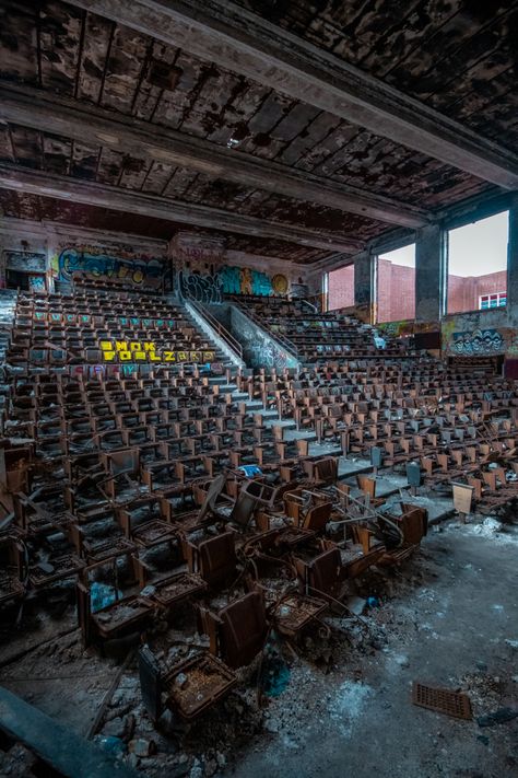 Abandoned High School, Abandoned Theatre Stage, Eerie Indiana, Abandoned Auditorium, Gary Indiana, Old Abandoned Factory, Pretty Guardian Sailor Moon, Brutalism, Travel Goals