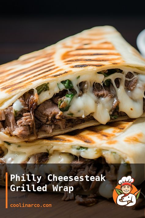 A delicious and easy-to-make grilled wrap filled with all the flavors of a Philly Cheesesteak sandwich. Philly Wrap, Indian Tomato Soup, Steak Wraps, Philly Cheese, Cheese Steak Sandwich, Cheese Wrap, Sliced Steak, Grilled Beef, Philly Cheese Steak