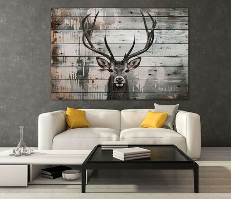 Elk Deer canvas print Horns wall art Elk print Deer on wood wall art Head animal art Hunting gifts Large wall art Cabin wall art decor arrives ready to hang and no additional framing required. MATERIALS and PROCESS : - Premium 100% Cotton Canvas 350gsm.  - It is printed with high definition HD quality and the latest technology UV machines. - 100% Original Inks. - Professionally hand-stretched on a 1" pinewood frame, no additional framing required. - Gallery wrapped canvas. - Ready to hang right Hunting Bedroom For Boys, Deer Canvas Painting, Hunting Decor Living Room, Camo Home Decor, Hunting Room Decor, Hunting Cabin Decor, Hunting Lodge Decor, Cabin Wall Art, Hunting Room