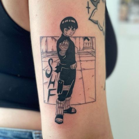 Rock Lee tattoo idea Tattoo Ideas Rock, Rock Lee Tattoo, Naruto Tattoo Ideas, Parts Of The Knee, Naruto Tattoo, Rock Lee, Tattoo Art Drawings, Black Lines, Anime Tattoos