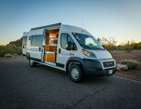 Tall — Boho Camper Vans | Buy or Rent Camper Vans in Arizona Van Layouts, Camper Vans For Sale, Promaster Camper Van, Boho Camper, Barn Door Cabinet, Custom Camper Vans, Roof Fan, Subway Tile Backsplash Kitchen, Ram Promaster