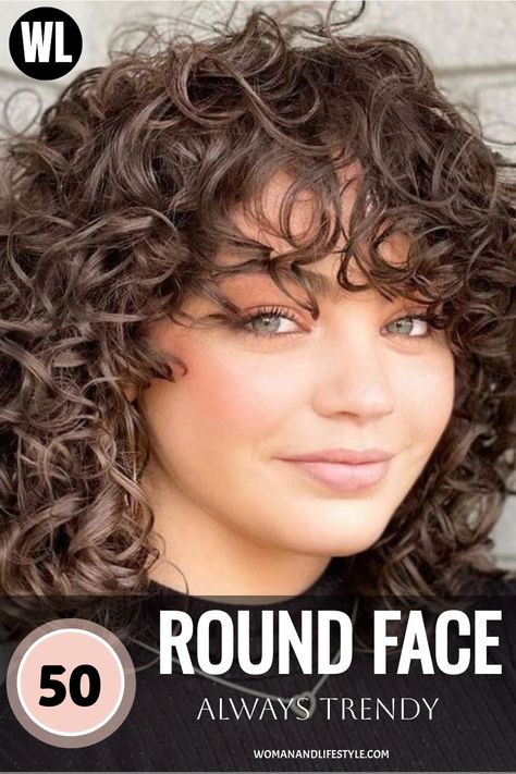 Effortless curly layered hair for round faces, creating movement Haircuts For Curly Hair And Round Face, Wavy Hairstyles Round Face, Short Curly Hair Styles For Round Faces, Curly Cut For Round Face, Curly Cuts For Round Faces, Curly Hair For Round Faces, Curly Haircut For Round Face, Haircuts For Round Faces Curly Hair, Curly Hairstyles Round Face