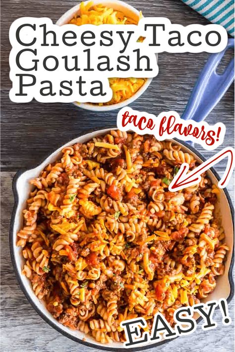 Cheesy Taco Goulash Pasta is a twist on a family staple. Cheesy, Spicy, warm comfort food with pantry staples that you can make last minute for spur of the moment entertaining! #pasta #tacopasta #weeknightmeal #groundbeefdinner Taco Goulash, Rice Pizza, Warm Comfort Food, Cheesy Taco Pasta, Turkey Meals, Healthy Beef Recipes, Fast Dinner, Pork Chop Dinner, Easy Steak Recipes