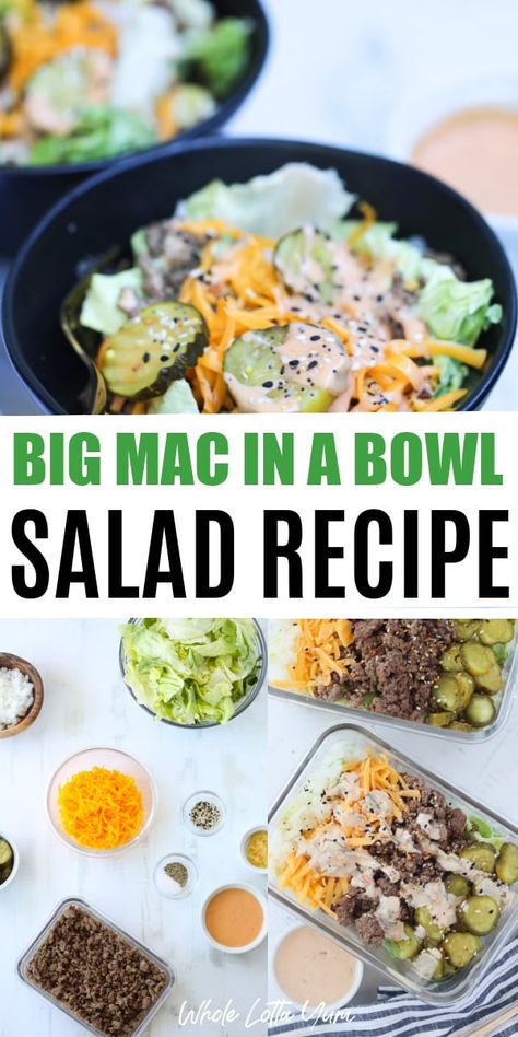 Keto big mac salad in a bowl makes a healthy meal prep lunch. Include the recipe for Big Mac sauce too. Easy Big Mac Salad, Big Mac Salad Keto, Big Mac In A Bowl, Big Mac Burger, Mac Burger, Big Mac Sauce Recipe, Mac Sauce Recipe, Salad Bowl Recipes, Fast Food Burger