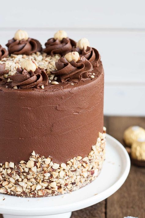 Ferrero Rocher Cake Recipe, Ferrero Rocher Torte, Brownie Tower, Rocher Cake, Ferrero Rocher Cake, Chocolate Hazelnut Cake, Nutella Buttercream, Cake Form, Decadent Chocolate Desserts