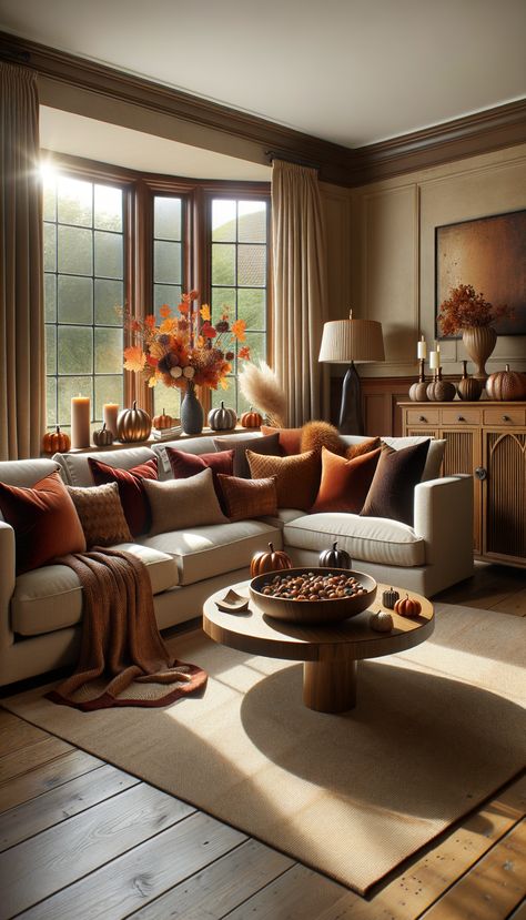 "A cozy living room with a warm, autumnal theme. Beige sectional sofa adorned with throw pillows. A blanket drapes over the sofa. Coffee table decorated with fall accents. Console table behind sofa displays decor. Light streams in through window, enhancing the room’s ambiance." Window Behind Sofa, Rust Sofa Living Room Ideas, Console Table Behind Sofa, Sectional Sofa Beige, Table Behind Couch, Behind Couch, Fall Living Room, Stylish Living Room, Living Room Accents