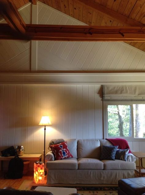 Wood Paneling Painted White, Vaulted Wall Ideas, Horizontal Paneling Walls, Painted Log Cabin Interiors, Knotty Pine Walls Makeover, Painted Wood Interior, Wood Paneling Interior, Paneling Ceiling, Painted Wood Paneling