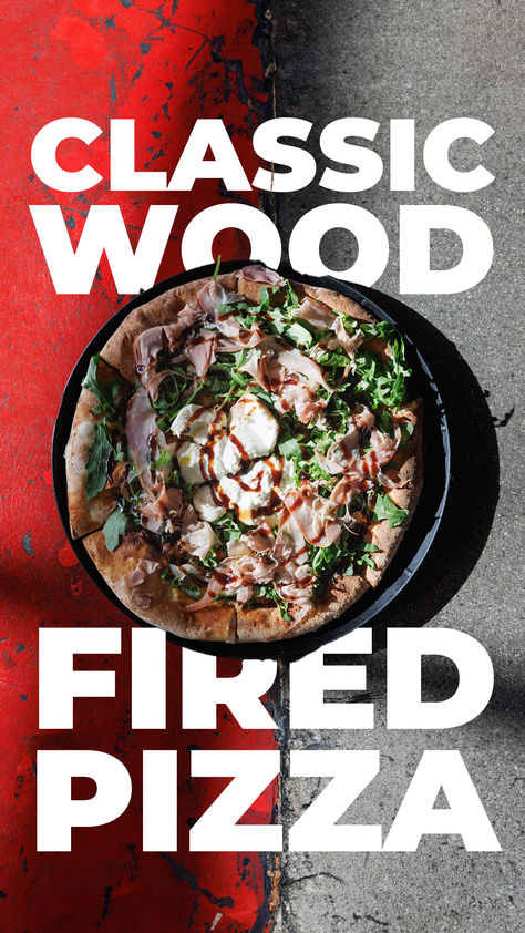 A mouth-watering classic wood-fired pizza with a perfectly charred crust, topped with fresh arugula, delicate slices of prosciutto, creamy mozzarella, and a drizzle of balsamic glaze, served on a black plate against a contrasting vibrant red and grey background. Authentic Pizza, Artisan Pizza, Kids Eat Free, Wood Oven, Tennessee Travel, Sweet Italian Sausage, Outdoor Pizza Oven, Wood Fired Oven, Best Cheese