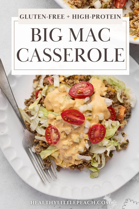 big mac casserole served on a plate Healthy Little Peach Big Mac Casserole, Big Mac Recipe Homemade, Cottage Cheese Big Mac Bowl, Big Mac Cottage Cheese Bowl, Sauce With Cottage Cheese, Big Mac Casserole, Mac Recipes, Carnivore Meals, Mac And Cheese Healthy