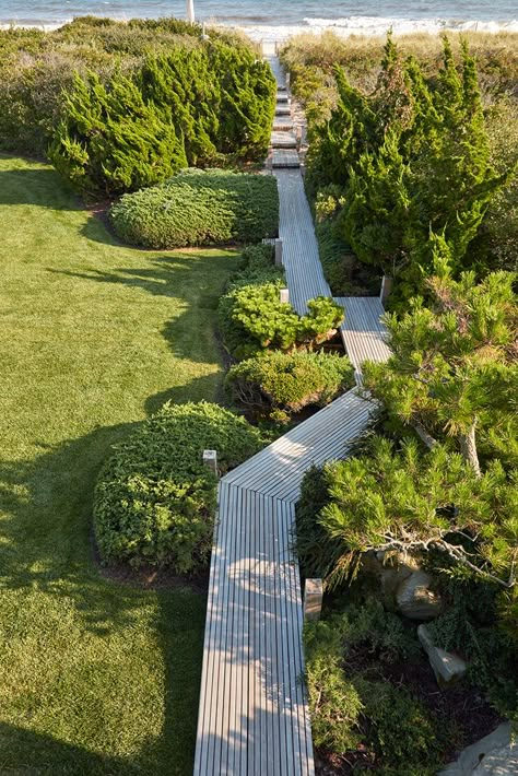 https://hollanderdesign.com/portfolio/surfside/ Hamptons Home Exterior, Hollander Design, Wood Path, Walkways Paths, Garden Stairs, Front Landscaping, Landscape Architecture Design, Parking Design, Garden In The Woods