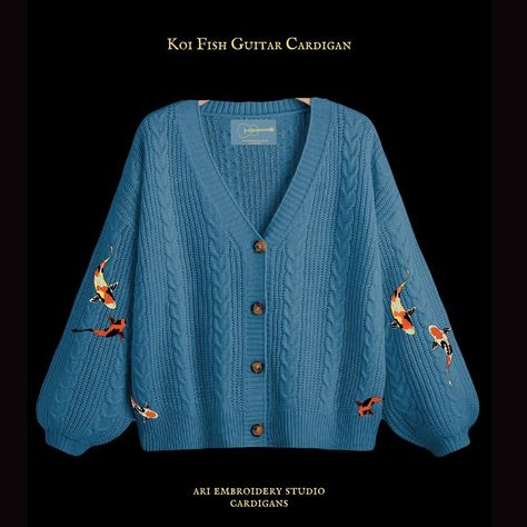 This is our Koi Fish Cardigan concept inspired by Taylor’s beautiful koi fish guitar. We are still in the sampling the cardigan and trying to pick out the perfect blue that embodies the guitar. Hopefully we can bring this to life soon! A special thank you to @graceclark_17 for suggesting a koi guitar inspired cardi! Today The Lakes cardigan has restocked on our store so go, go, go! That’s all from us for now! Drop which emojis best remind you of this cardigan👇🏼 Jellyfish Cardigan, Koi Guitar, Koi Fish Guitar, Embroidery Studio, Blue Koi, Perfect Blue, Taylor S, Two Friends, Koi Fish