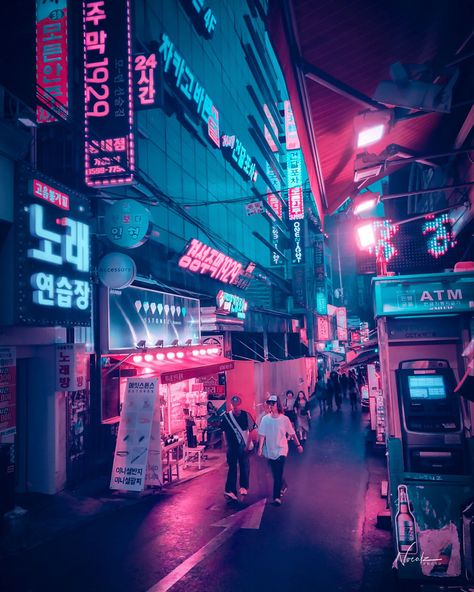 I Shoot Rainy Photos Of Seoul With My Phone Japan Cyberpunk, City Pop Aesthetic, Rainy Photos, Neon Noir, Neon City, Neon Backgrounds, 8bit Art, New Retro Wave, City Pop