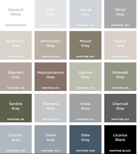 Grey Colour Chart, Pantone Shades, Grey Color Names, Gray Pantone, Shades Of Grey Paint, Color Thesaurus, Shades Of Gray Color, Grey Wall Color, Pantone Colour Palettes