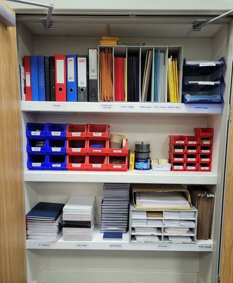 I Organised My Work Stationery Cupboard. I Wish I'd Taken A Before Picture. It Was 2 Years' Worth Of People Just Throwing Stuff In! Organization Pictures, Small Office Organization, Desk Organization Tips, Work Desk Organization, Cupboard Ideas, Stationary Storage, Office Organization At Work, Decluttering Inspiration, Stationary Organization