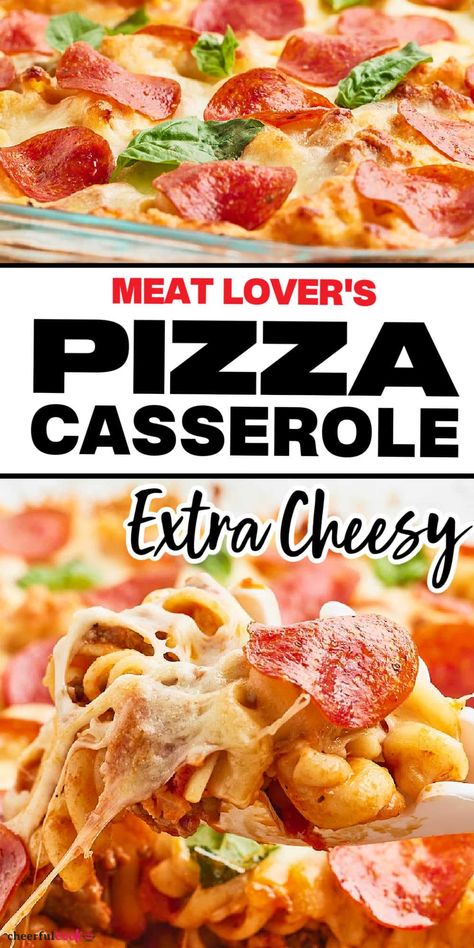 Meet your new dinner obsession: Our Pizza Casserole! This hearty dish is loaded with all your beloved pizza flavors - Italian sausage, ground beef, bacon, pasta, marinara sauce, gooey cheese, and a sprinkle of bold spices. It's like a pizza, but even better. #cheerfulcook #PizzaCasserole #ComfortFood #EasyRecipes #DinnerIdeas via @cheerfulcook Italian Sausage Pizza, Beef Pizza, Pasta Marinara, Meat Lovers Pizza, New Dinner, Sausage Pizza, Beef Bacon, Sausage Casserole, Ground Meat Recipes