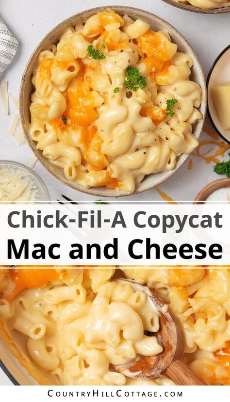 Creamy and cheesy, this homemade Chick Fil A mac and cheese recipe is the best copycat mac n cheese recipe you'll ever taste. The sauce with 5 different types of cheese like cheddar, Romano, parmesan and American cheese, creates the smoothest, richest, and creamiest casserole. Your family will devour the gooey side dish that pairs nicely with your favorite mains. If you're looking for an easy comfort food recipe, this restaurant-worthy mac n cheese comes to the rescue! | CountryHillCottage.com Copycat Chick Fila Mac N Cheese, Copycat Chickfila Macaroni And Cheese, Giada Mac And Cheese Recipe, Jeff Ruby Mac And Cheese Recipe, Healthy Kraft Mac And Cheese Recipes, Copycat Jim And Nicks Mac And Cheese, Mac And Cheese Quesadilla, Chik Fila Mac N Cheese Copycat, Golden Corral Macaroni And Cheese