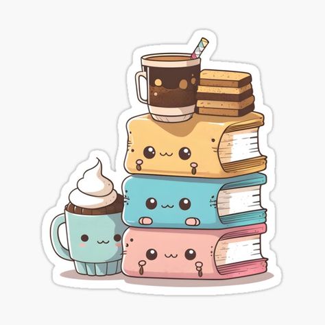 Kawaii Little Bookstack and Coffee Reading • Millions of unique designs by independent artists. Find your thing. Cute Sticker Book, Kawaii Book Drawing, Kawaii Book, Kawaii Coffee, Coffee Reading, Easy Drawings Sketches, Handmade Sticker, Book Drawing, Friend Tattoos