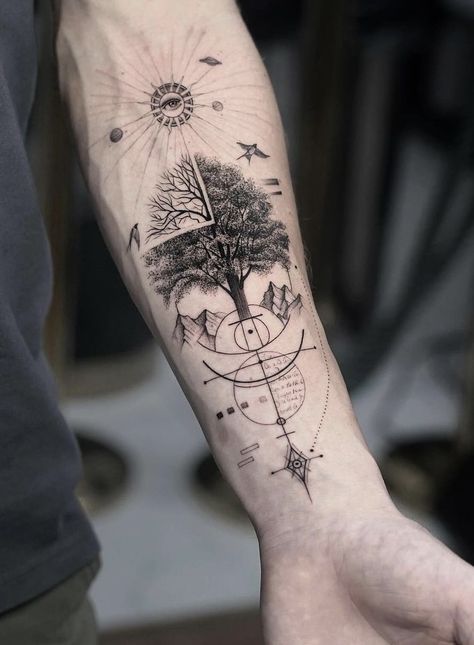 Geometric Trees Tattoo, Phylogenetic Tree Tattoo, Nature Geometric Tattoo, Tree Of Life Tattoo Men, Circle Of Life Tattoo, Tree Line Tattoo, Geometric Tattoo Tree, Roots Tattoo, Inner Arm Tattoos